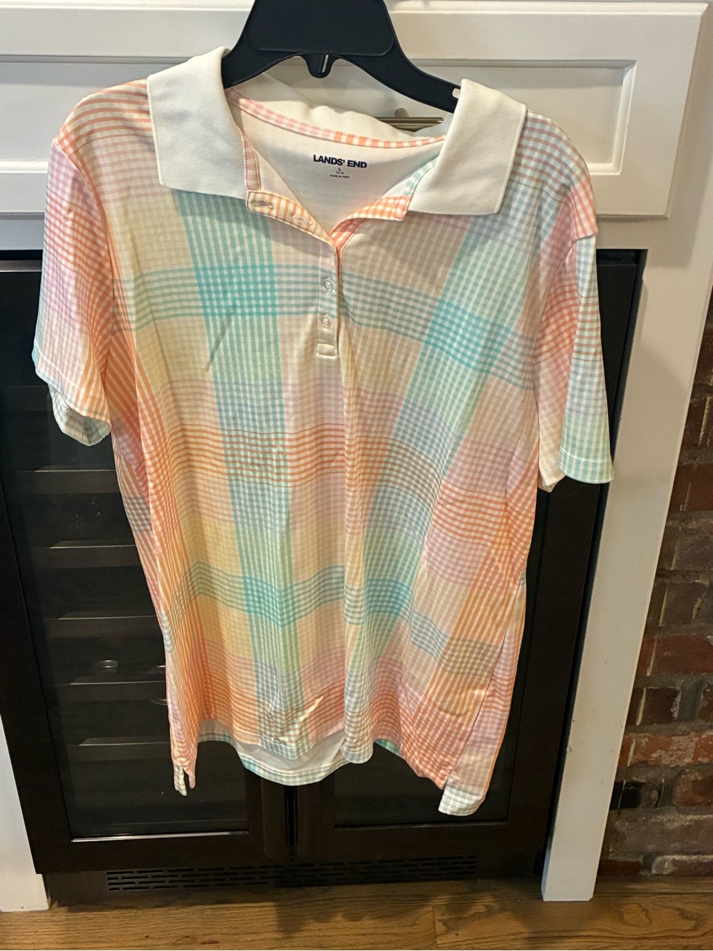 Lands' End Pastel Plaid Polo in White Collar with Mint, Peach, Pink, Yellow